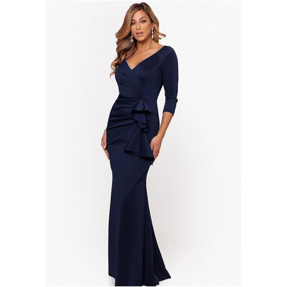 NEW XSCAPE Evening Long Gown Navy Blue Ruffle Formal Dress Elegant Womens Sz 10